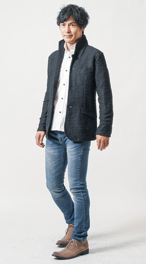 40代・50代の男性におすすめ3点メンズコーデセット　黒長袖ジャケット×白長袖シャツ×ネイビースリムデニムパンツ