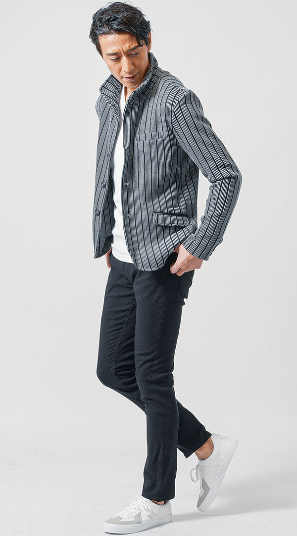 50代メンズにおすすめのストライプジャケットでスタイルアップが叶う低身長コーデ