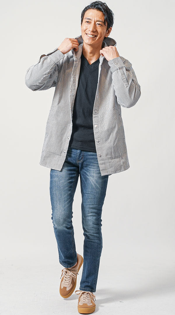 春アウター メンズ コーデ 50代 カジュアル シャツジャケット デニム