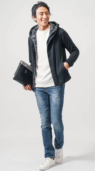 かっこよく見える細身のスリムパーカーコーデ例