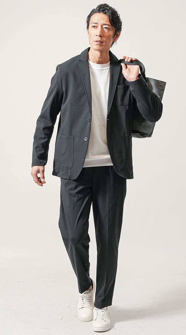 黒セットアップ　黒テーラードジャケット　白クルーネック長袖Tシャツ　黒テーパードパンツ　snp_nd0319