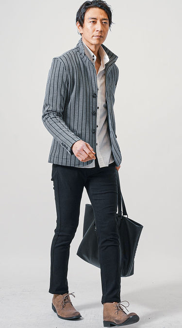 おすすめの冬の白シャツ×スタンドカラージャケットコーデメンズコーデ