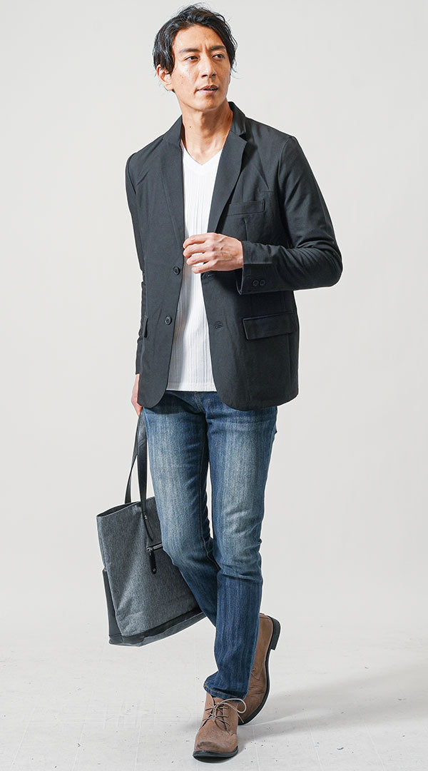 黒テーラードジャケット×白長袖Tシャツ2枚セット　インディゴデニムパンツ