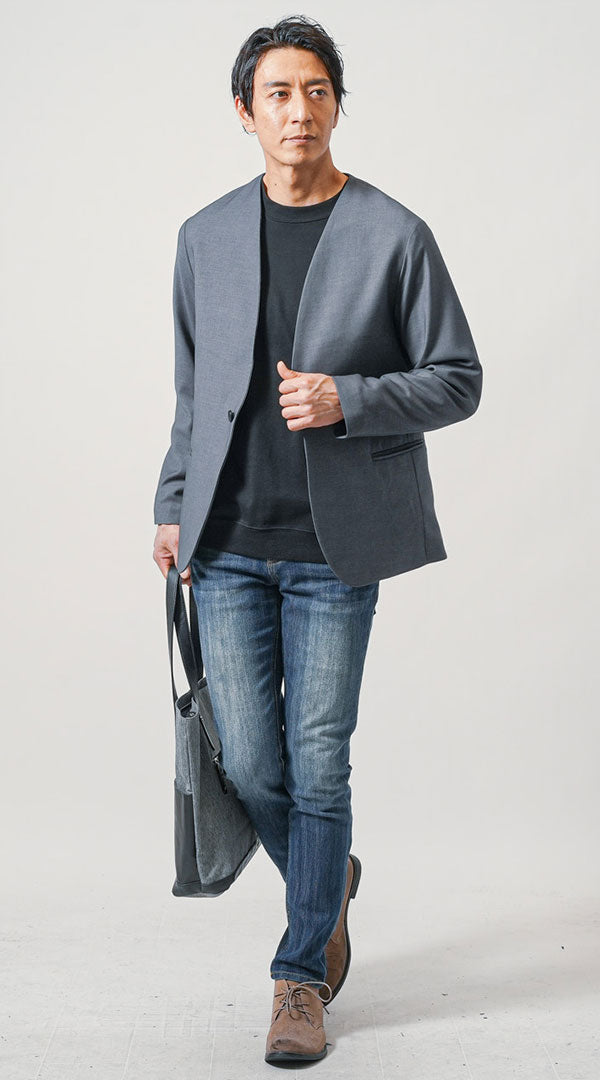 30代メンズにおすすめのグレージャケットと細身デニムを使った秋の清潔感ある体型カバーコーデ