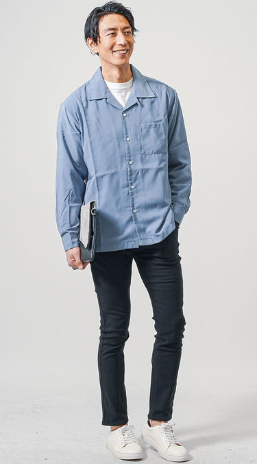 シャツ×黒パンツのメンズコーデ