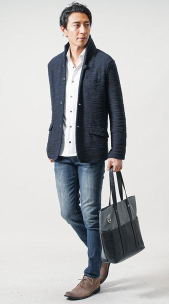 メンズにおすすめのイタリアンカラージャケット×デニムパンツのコーデ例