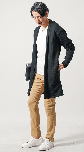 メンズの春におすすめのロングカーディガンを使った体型カバーと清潔感のある着こなし