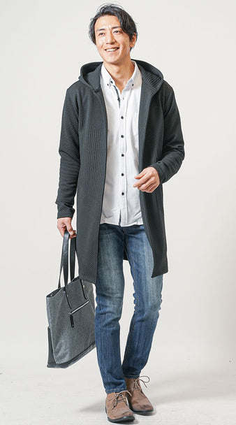 フーディガン×シャツ×パンツのコーディネート