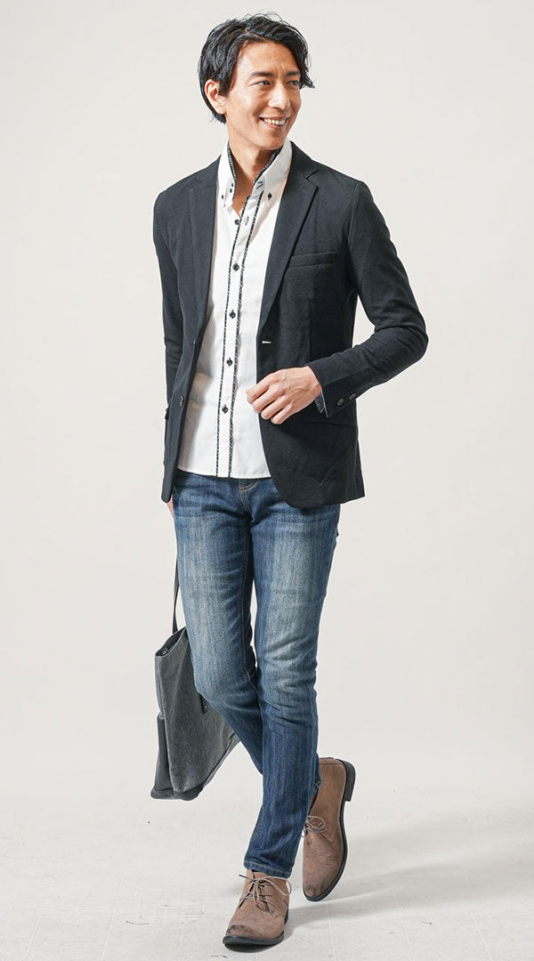 40代メンズ3点コーデセット　黒長袖テーラードジャケット×白長袖シャツ×インディゴスリムデニムパンツ