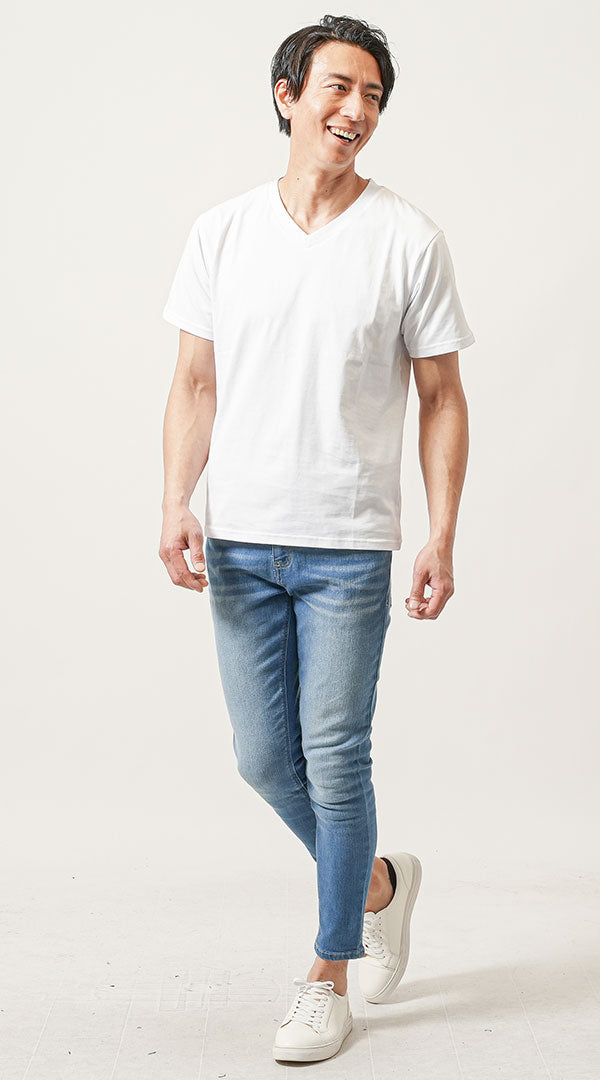 白Tシャツ ブリーチデニムパンツ 白スニーカー snp_np0419の