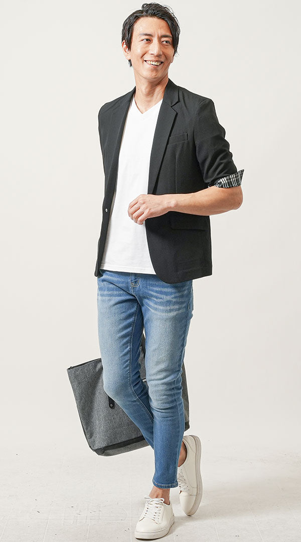 黒テーラードジャケット　白半袖Tシャツ　ブリーチデニムパンツ　snp_np0388