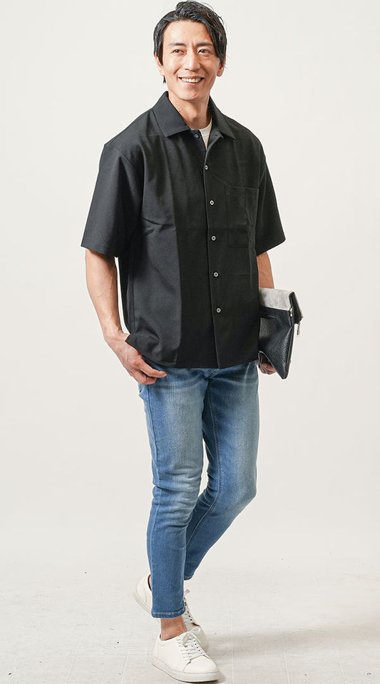黒オープンカラーシャツ  白半袖Tシャツ ブリーチデニムパンツ snp_np0495