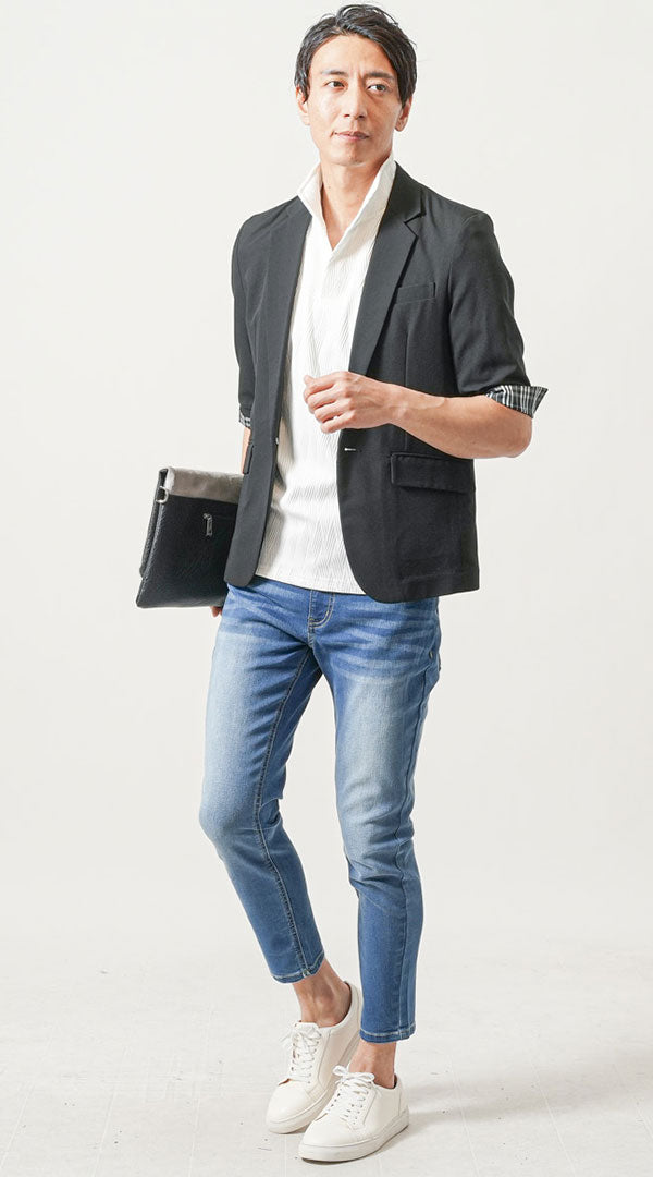 メンズにおすすめの黒サマージャケットとアンクル丈デニムで品よく見せる40代の夏服コーデ