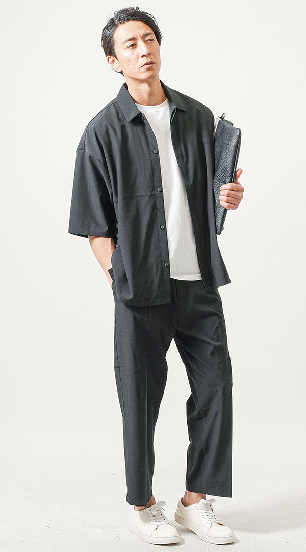 OY 黒 Tシャツ シャツ パンツ セット セットアップ 2点セット ビッグシルエットオープンカラー半袖シャツ