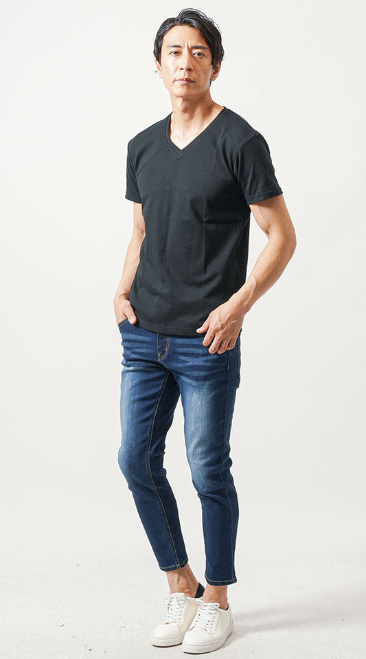 黒半袖Tシャツ　インディゴデニムパンツ　snp_ns2205