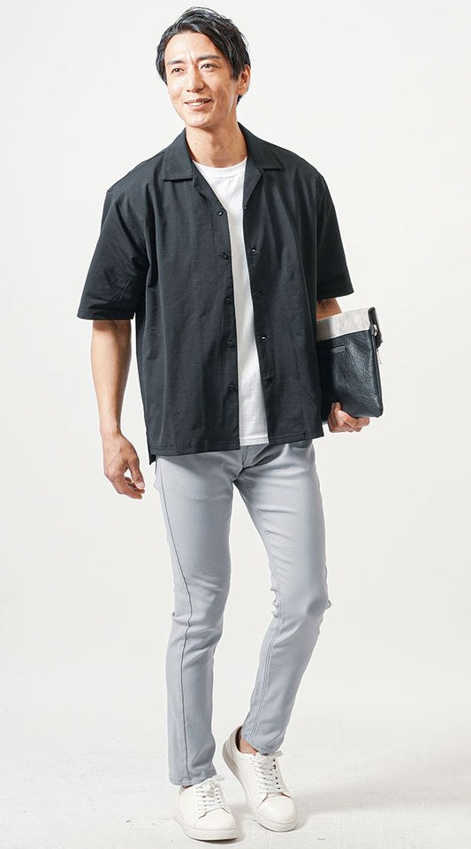 黒オープンカラーシャツ　白半袖Tシャツ　グレーテーパードパンツ　snp_ns0298