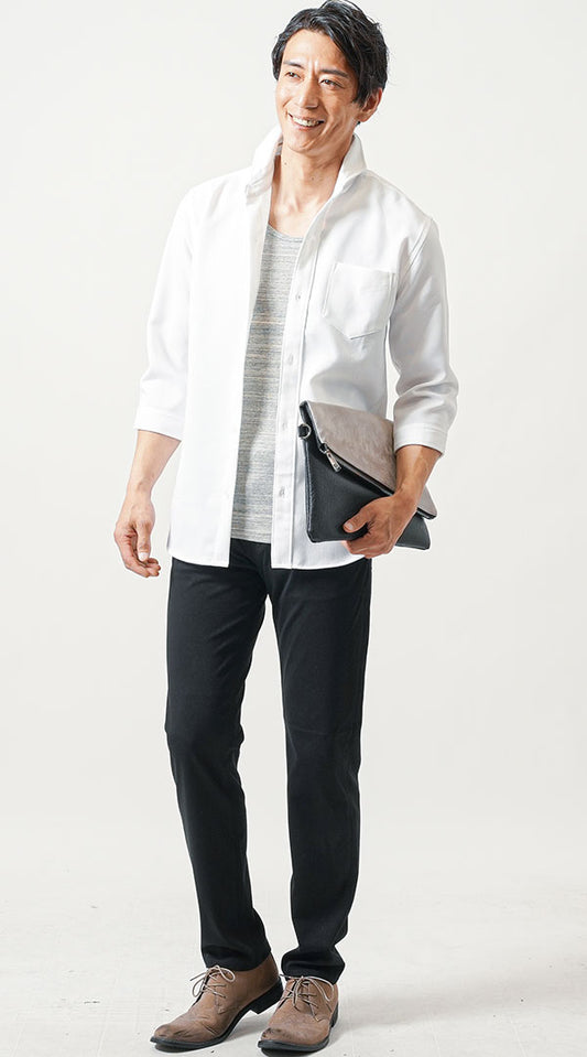 白長袖シャツ　杢グレーTシャツ　黒テーパードパンツ　snp_ns1901