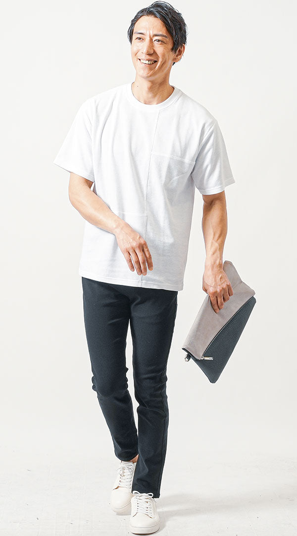 白半袖Tシャツ　黒テーパードパンツ　snp_ns1277