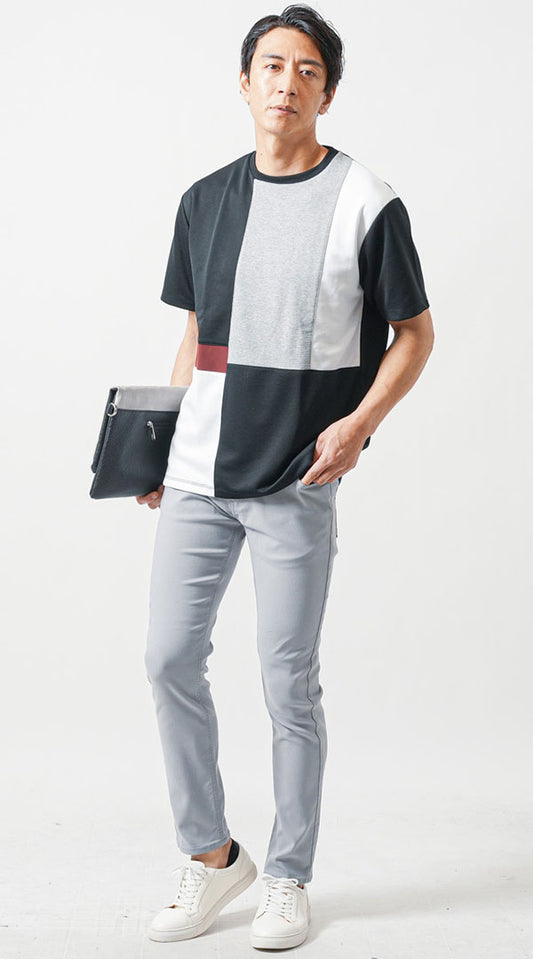 黒半袖Tシャツ　グレーテーパードパンツ　白スニーカー　snp_ns0146