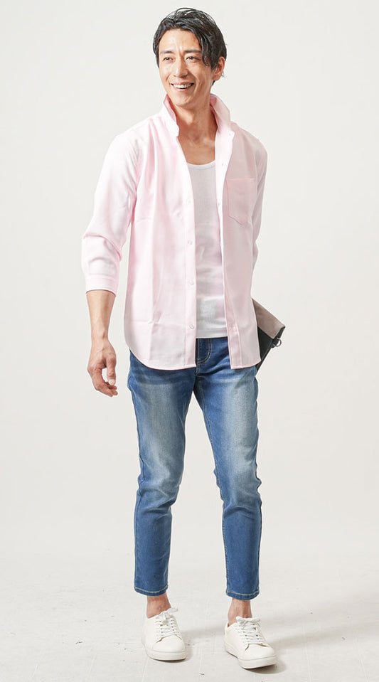 ピンクシャツ　白半袖Tシャツ　ブルーデニムパンツ　snp_nt0595