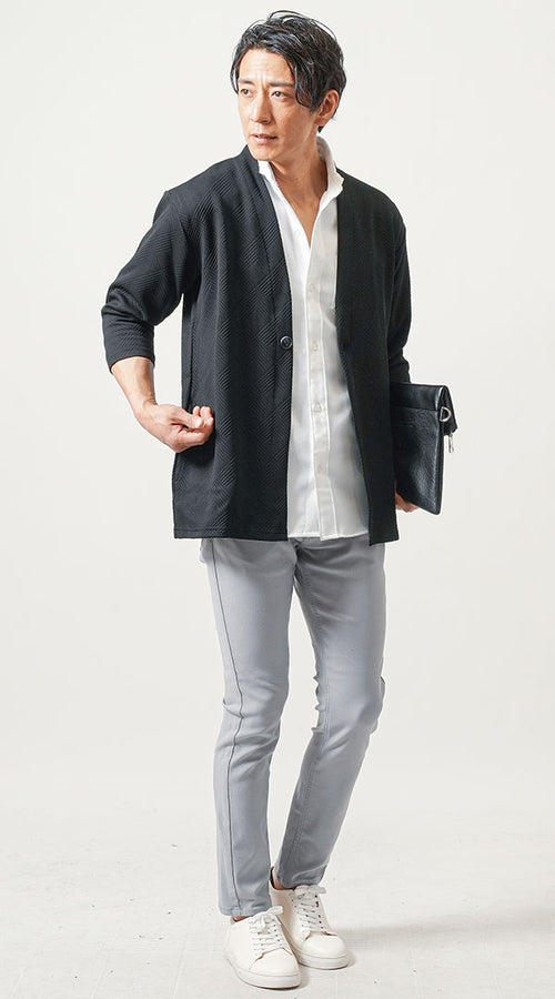 メンズ半袖カーディガン×白シャツのきれいめ重ね着コーデ例