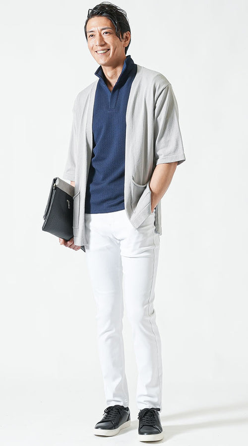 メンズ半袖カーディガン×ポロシャツの春夏コーデ例