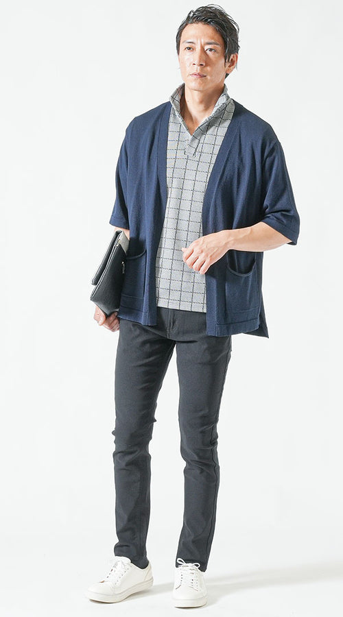 メンズ半袖カーディガン×ポロシャツの大人スポーティコーデ例