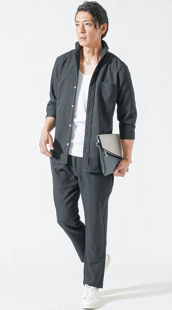 白シャツ・パンツセット、黒アンダーウェア Oサイズ 黒セットアップ 黒シャツ 白タンクトップ 黒テーパードパンツ