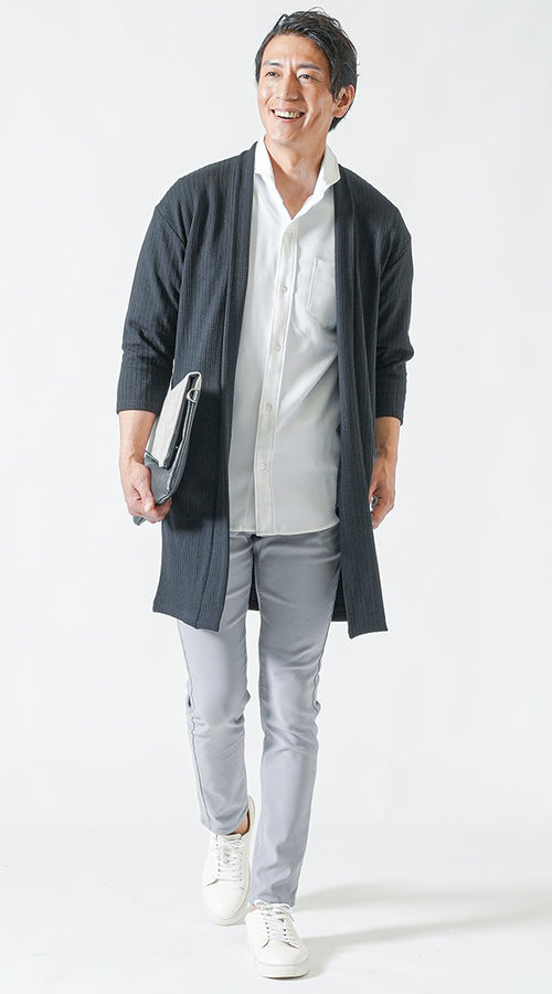メンズ半袖カーディガン×シャツの大人コーデ例