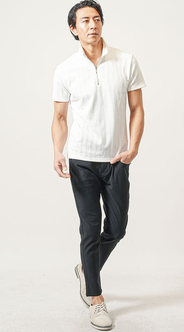 ポロシャツに合うズボンと周りと被らないカッコよさ!ジップアップポロシャツコーデ