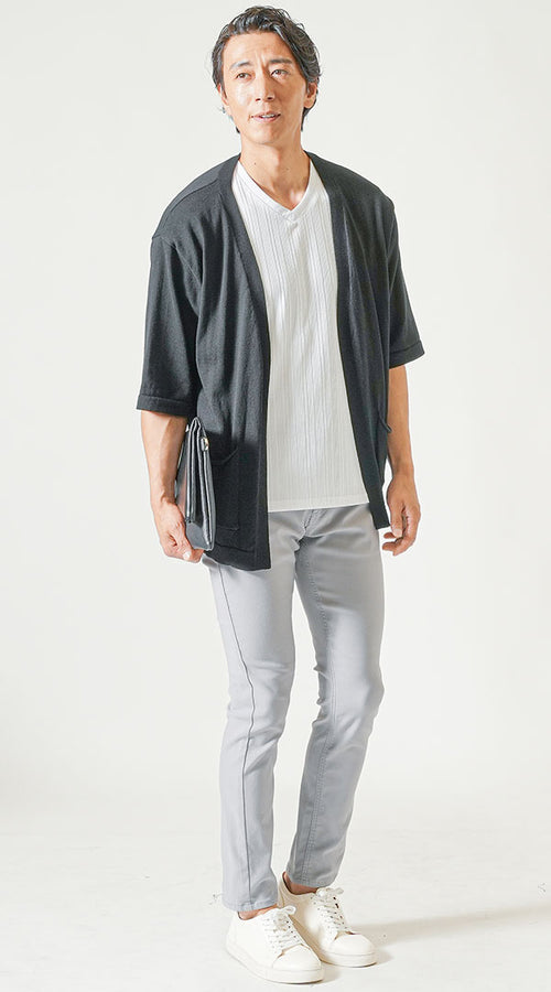 メンズ半袖ボタンレスカーディガンのきれいめカジュアルコーデ