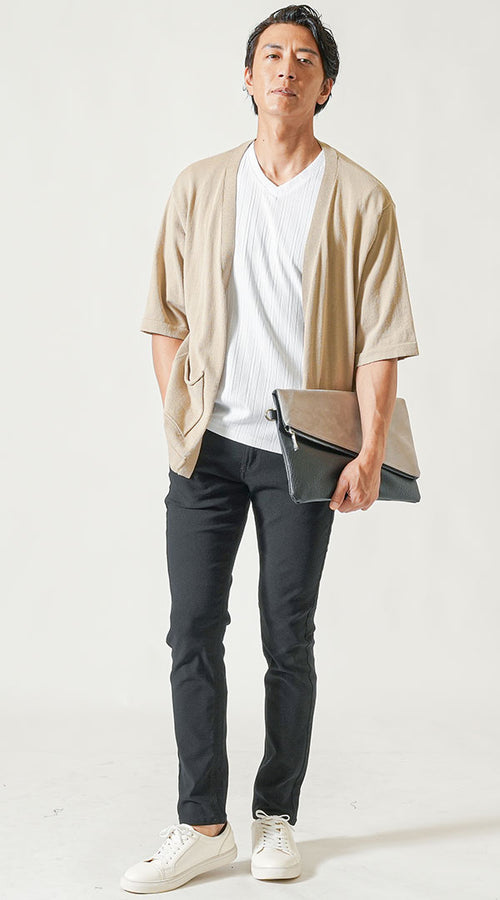 40代メンズ 接触冷感半袖カーディガン×Tシャツの夏コーデ