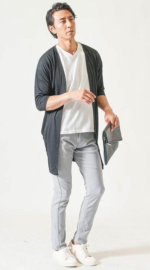 メンズ半袖ロングカーディガンの涼しげな大人コーデ例