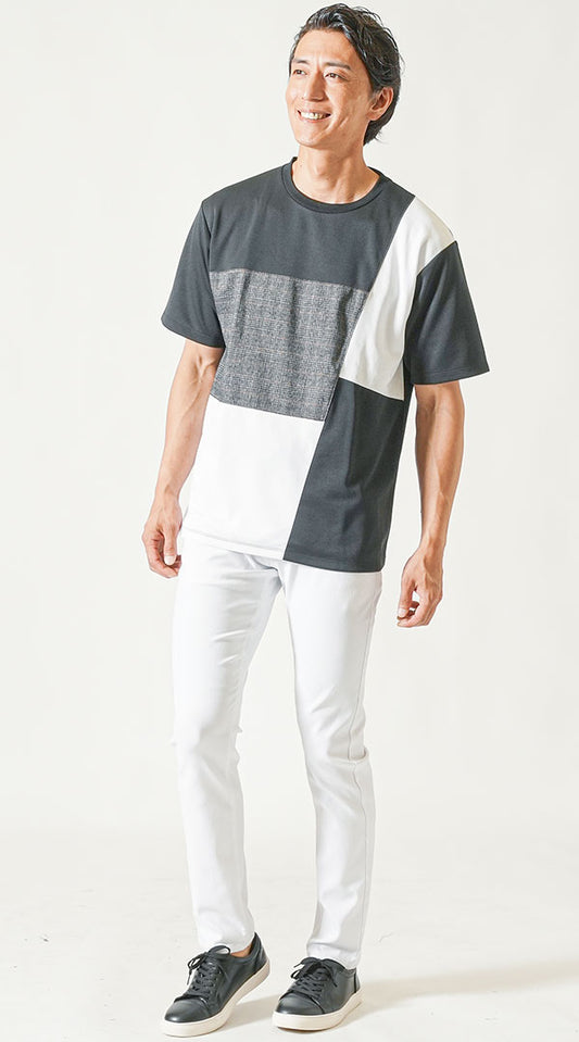 黒半袖Tシャツ　白テーパードパンツ　黒スニーカー　snp_nx1675