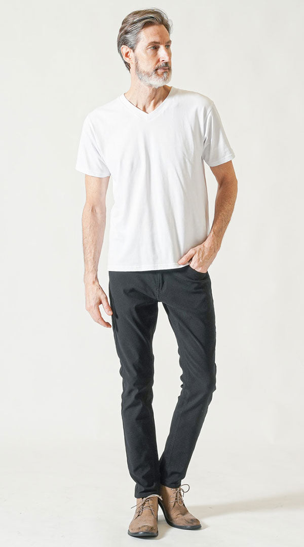 【60代】白半袖Tシャツ　黒テーパードパンツ　snp_nw0320