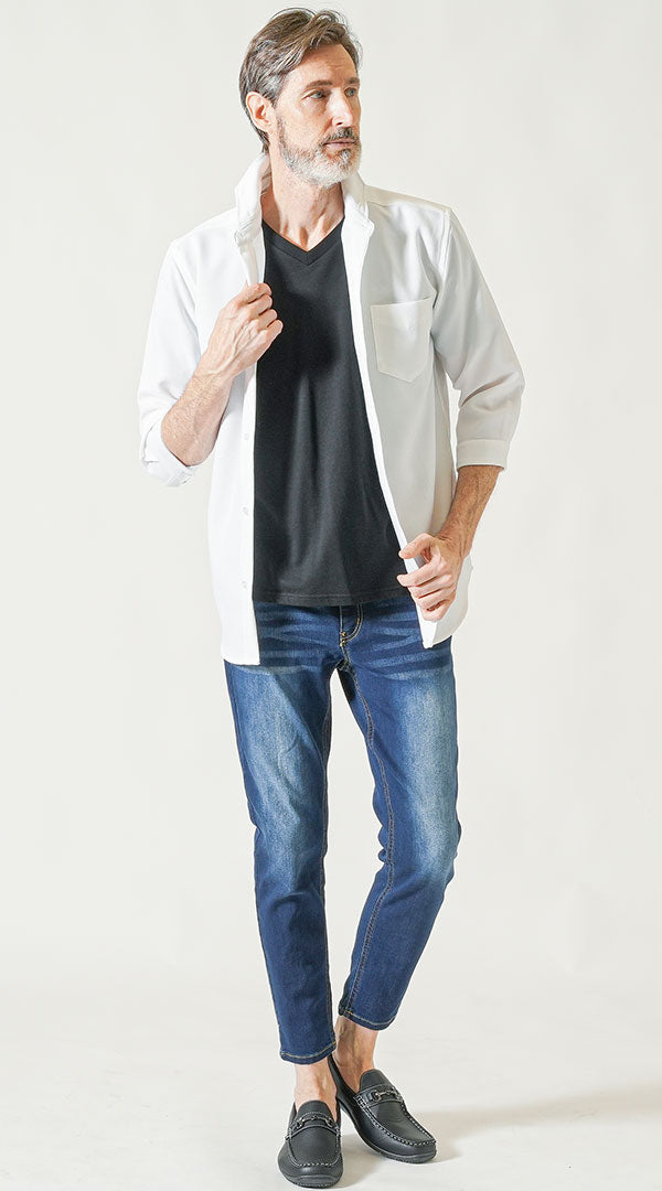 【60代】白7分袖シャツ　黒半袖Tシャツ　インディゴデニムパンツ　snp_nw0104