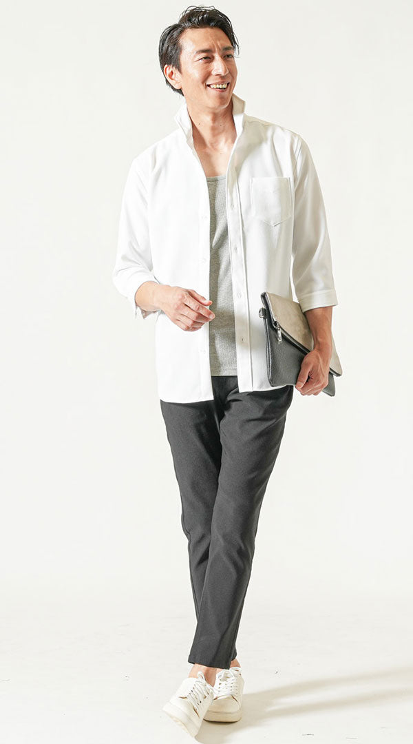 50代メンズ夏服全身3点コーデセット　白7分袖シャツ×グレータンクトップ×黒アンクルチノパンツ