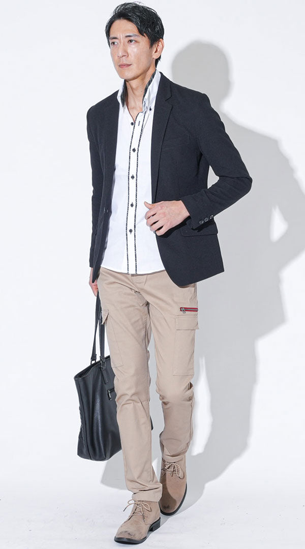 黒美シルエットカットテーラードジャケット　白デザイン美シルエットシャツ　ベージュストレッチスキニーチノカーゴパンツ　ベージュブーツ　snp_qs0763