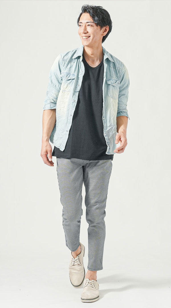 メンズ夏服トップス3点コーデセット　サックスブルー7分袖デニムシャツ×白タンクトップ×黒タンクトップ