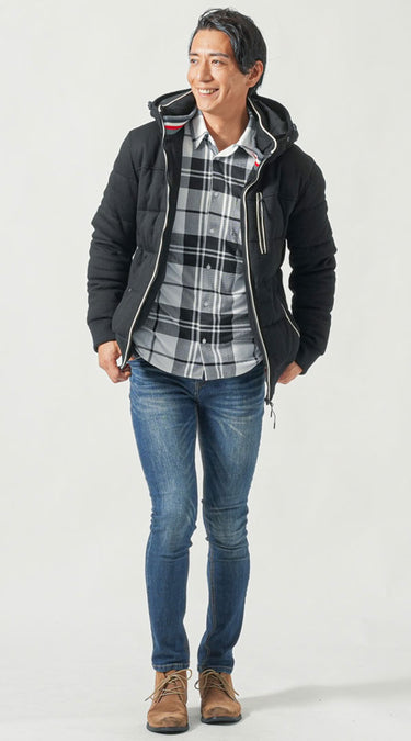 細身チェックシャツときれいめパンツのコーデ例