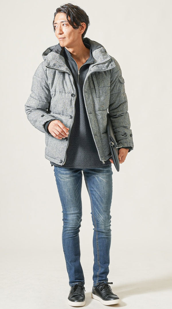 グレーツイードダウンジャケット チャコール長袖ポロシャツ ネイビー