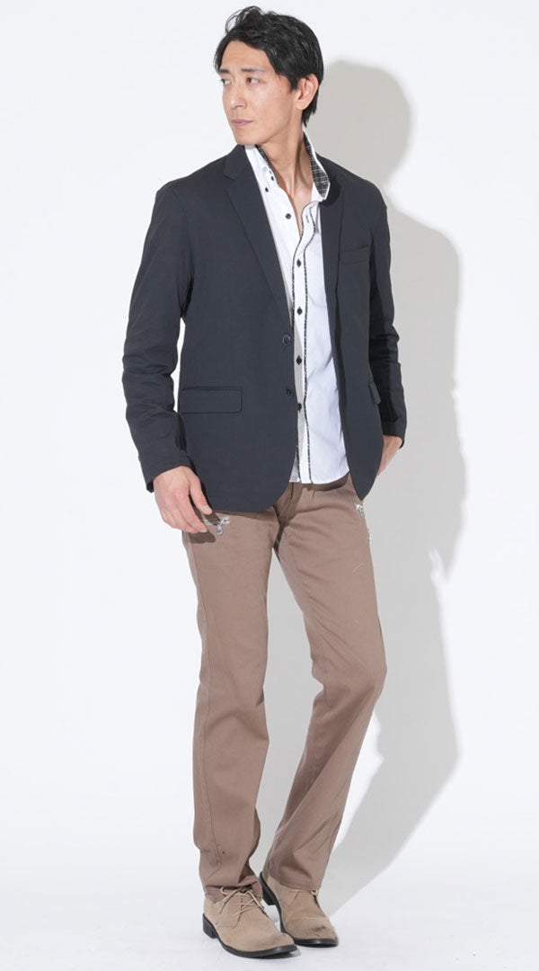 黒長袖ストレッチテーラードジャケット　白２枚襟前立てデザイン美シルエットシャツ　　ベージュ3ジップブーツカットストレッチチノパンツ　ベージュブーツ　snp_qt1023