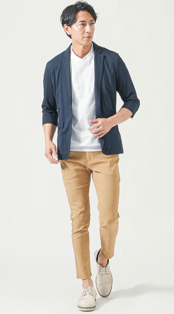 メンズ夏服トップス3点コーデセット　ネイビー7分袖テーラードジャケット×白半袖Tシャツ×チャコールグレー半袖Tシャツ