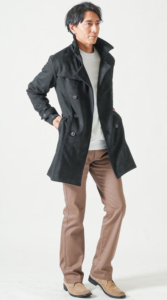 黒ロングトレンチコート　白長袖裏起毛Tシャツ　ベージュブーツカットフレアパンツ　ベージュブーツ　snp_qc0620