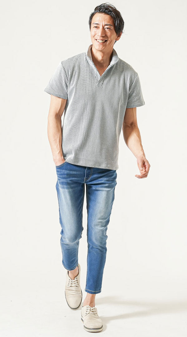 40代メンズにおすすめのストライプトップスとデニムコーデ