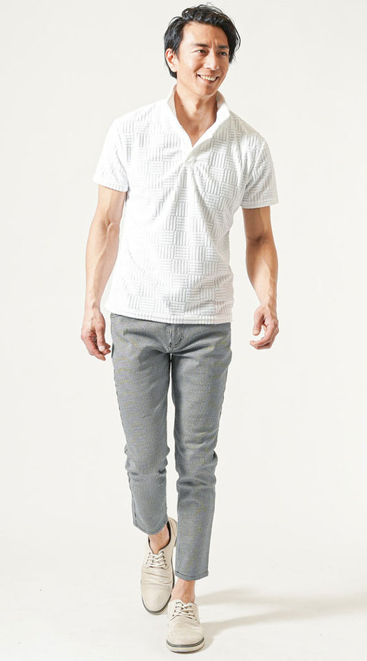 白半袖ポロシャツ　グレースキニーアンクルテーパードパンツ　グレーシューズ　snp_oq1846