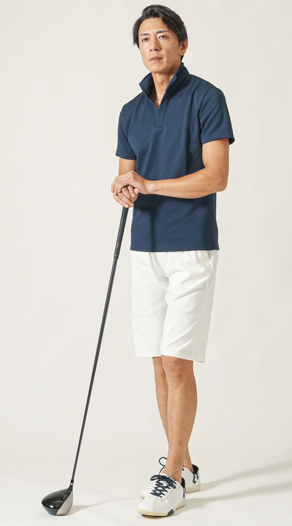 ネイビー半袖ポロシャツ　白ストレッチチノハーフパンツ　白スニーカー　snp_px0052