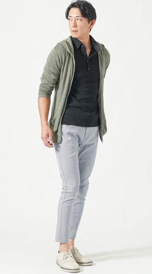 カーキ七分袖長袖ジップアップパーカー　黒半袖テレコ素材ポロシャツ　グレースキニーテーパードアンクルパンツ　グレーシューズ　snp_pw0019