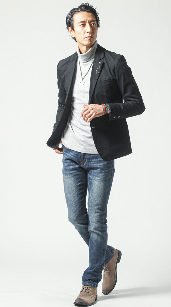 テーラードジャケットとタートルネックTシャツの大人カジュアルメンズコーデ