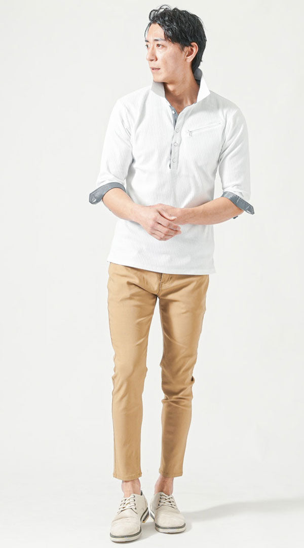 白半袖七分袖ポロシャツ　ベージュスキニーテーパードチノパンツ　グレーシューズ　snp_pq0047